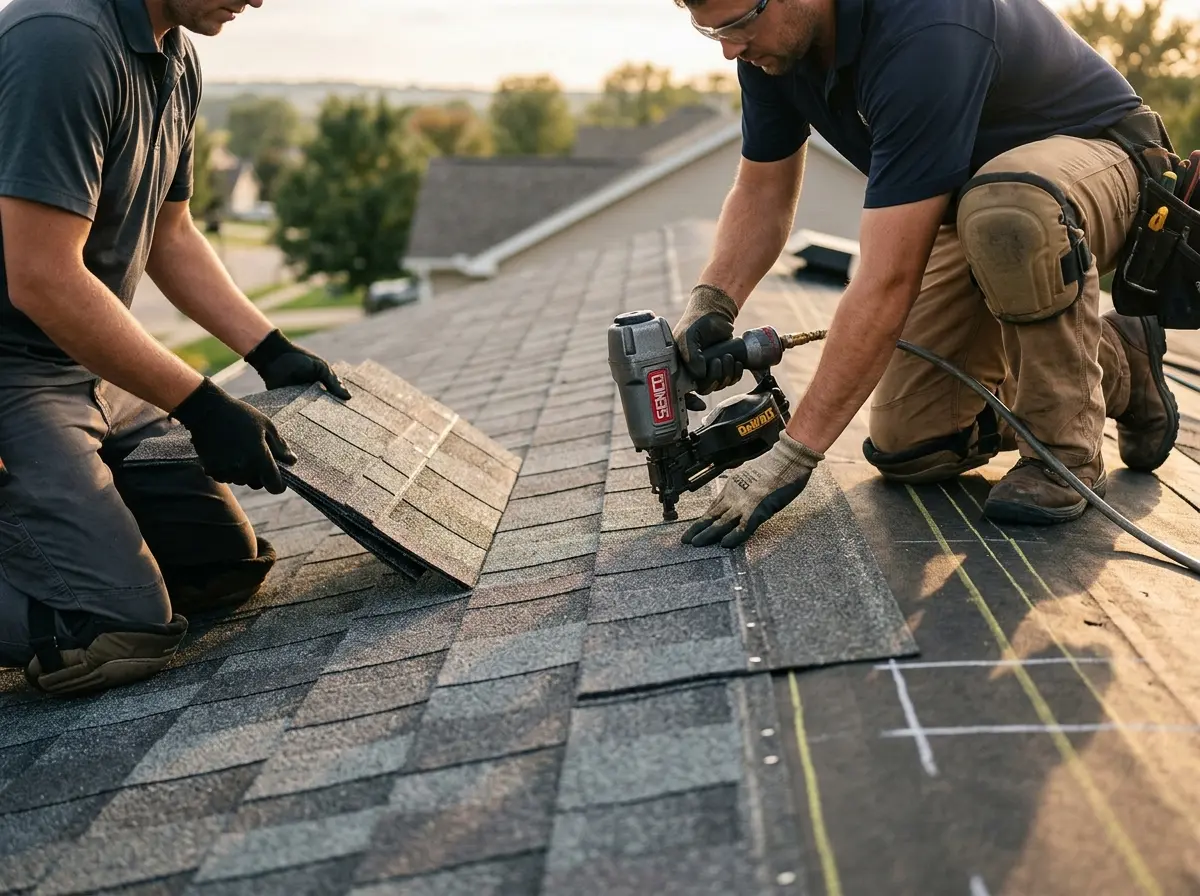 Professional roofer working on a residential roof in East Rockaway